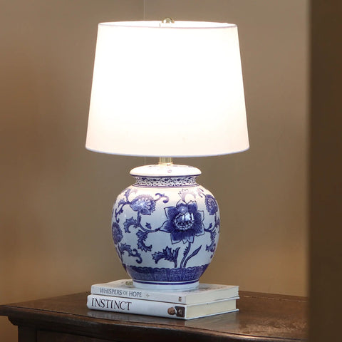 Blue And White Floral Ceramic Table Lamp With White Cotton Shade Small Size On Off Switch 60W Max Bulb For Bedroom Nightstand