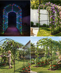 87 Inch Metal Garden Trellis Arch With Durable Net For Climbing Plants in various garden settings with lights and flowers