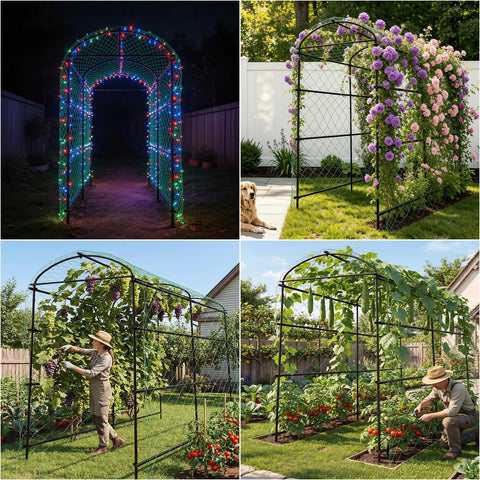87 Inch Metal Garden Trellis Arch With Durable Net For Climbing Plants in various garden settings with lights and flowers
