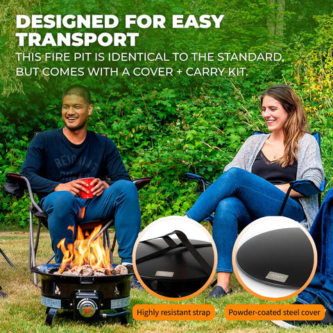 Two people enjoy Portable Propane Fire Pit 19 Inch Smokeless Gas Firebowl With Carry Kit And Cover, 58,000 BTU in backyard