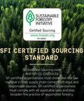 SFI Certified Sourcing Standard logo over a forest background promoting sustainable forestry practices.