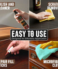 All In One Wood Furniture And Floor Restoration Kit for Scratch Repair and Polish on light and dark surfaces with tools in use