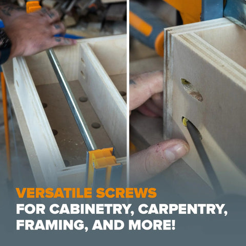 Pocket Hole Screw Kit With Color Coat Self Tapping Coarse Thread Wood Screws being used for carpentry project