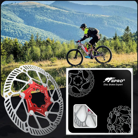 Floating Disc Brake Rotor Set For MTB Road Bike And BMX 140mm 160mm 180mm 203mm With Six Bolts Red SUS410 Stainless Steel Rotors And Aluminum Base M5 Screws Durable Lightweight Performance displayed with packaging and cyclist in background