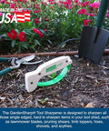 Garden Tool Sharpener With Diamond Honed Tungsten Carbide Blades Keeps Lawnmower Blades Razor Sharp in garden setting