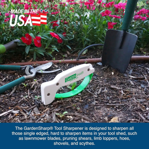 Garden Tool Sharpener With Diamond Honed Tungsten Carbide Blades Keeps Lawnmower Blades Razor Sharp in garden setting