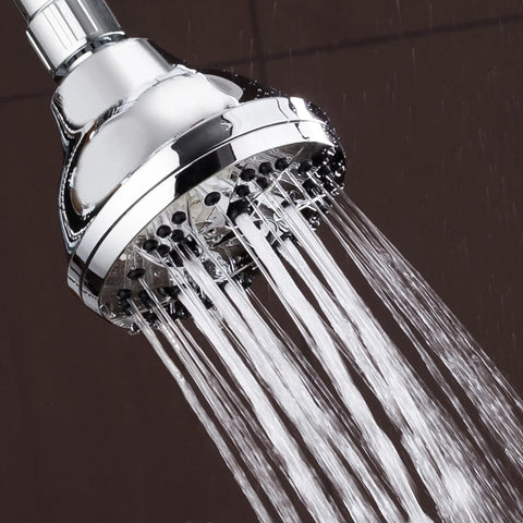 Six Setting Chrome Shower Head With 2.5 GPM Flow Delivers Beast Mode Power Even On Low Water Pressure, water spraying from jets