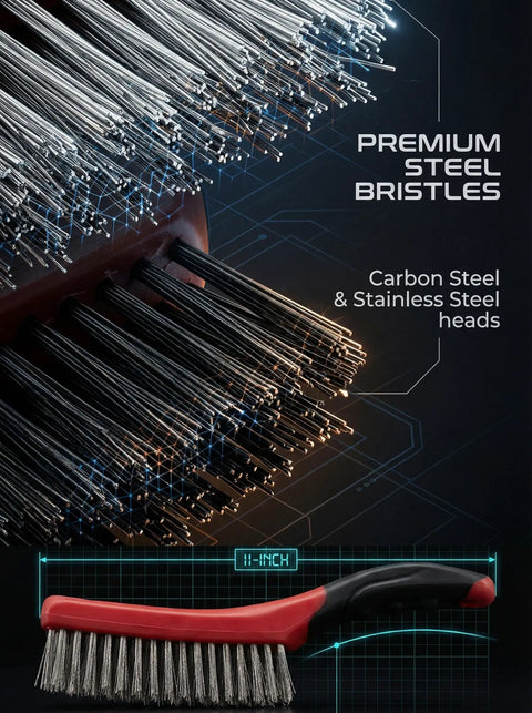 Heavy Duty Wire Brush Set Two Piece With 10 Inch Curved Plastic Handles Carbon Steel And Stainless Steel Heads For Rust And Paint Removal Welding Prep And Metal Cleaning