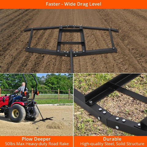 Heavy Duty Driveway Drag Harrow For ATV UTV And Garden Tractors 74 Inch Wide Tow Behind Harrow With 35 Inch Pin Style Hitch