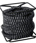 Rock Solid Ansi Bl1046 Leaf Chain 100 Foot Run neatly coiled on a stand, showcasing heat treated alloy steel construction.