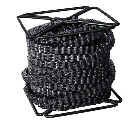 Rock Solid Ansi Bl1046 Leaf Chain 100 Foot Run neatly coiled on a stand, showcasing heat treated alloy steel construction.
