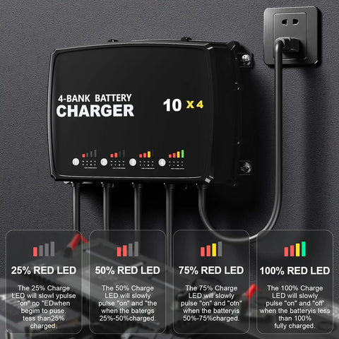 4-Bank Marine Battery Charger With Waterproof, Rugged Setup, 10A Per Bank, 12V Multi-Mode Charging For AGM, LiFePO4 And Deep-Cycle Batteries, Ideal For Boats, Yachts, And Marine Electronics