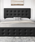 Absolute Game Changer Queen Size Platform Bed Frame With Durable Faux Leather Headboard And Four Smooth Roll Out Storage Drawers For Effortless Room Makeovers In Matte Black, showcasing a tufted black headboard.