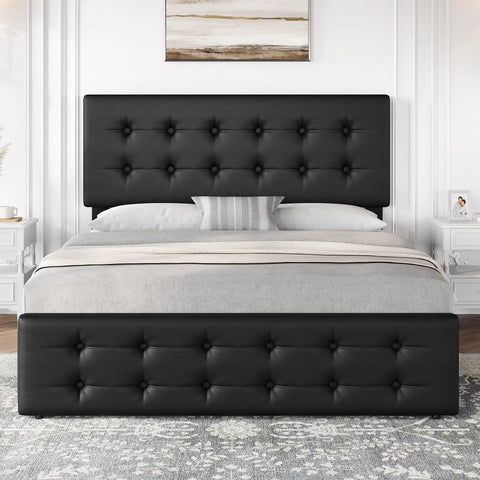 Absolute Game Changer Queen Size Platform Bed Frame With Durable Faux Leather Headboard And Four Smooth Roll Out Storage Drawers For Effortless Room Makeovers In Matte Black, showcasing a tufted black headboard.
