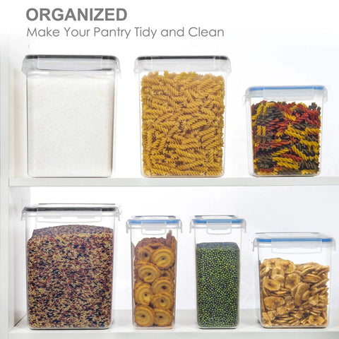 Huge Airtight Food Storage Canisters With Lids 5.2L Each 3 Pack BPA Free Plastic Containers filled with grains and pasta