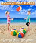 4 Pack 20 Inch Rainbow Beach Balls Large Inflatable Pool Toys For Parties Decorations For Adults And Kids Luau Summer Beach Water Games Beach Ball Favors on a beach with kids playing.
