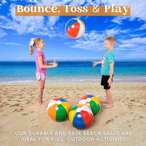 4 Pack 20 Inch Rainbow Beach Balls Large Inflatable Pool Toys For Parties Decorations For Adults And Kids Luau Summer Beach Water Games Beach Ball Favors on a beach with kids playing.