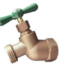 Heavy Duty Solid Brass Garden Hose Bib With 3/4 Inch Fip Inlet And Male Hose Thread Outlet No Kink Outdoor Water Faucet Shut Off Valve Built Tough And Runs Smooth Every Time, close-up view of valve with green handle.
