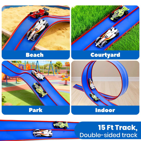 15 Ft Bendable Race Car Track Set for Kids shown in various settings including beach, courtyard, park, and indoor with diecast cars