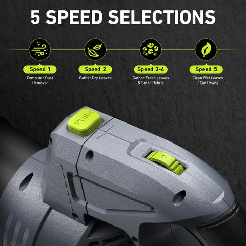 Close-up of Cordless Leaf Blower With Swivel Head 550 CFM 150 MPH speed settings and control buttons.