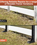 Before and after installation of No Nonsense Heavy Duty Fence Post Repair Kit 2 Pack Steel Ground Spike Anchors For Wood Posts