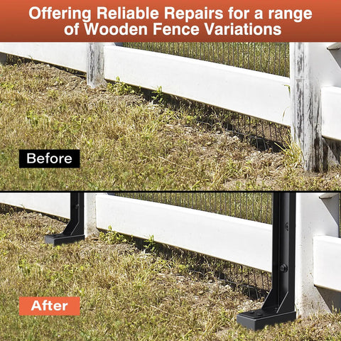 Before and after installation of No Nonsense Heavy Duty Fence Post Repair Kit 2 Pack Steel Ground Spike Anchors For Wood Posts