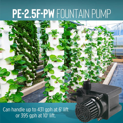 Compact Submersible Pump For Small Ponds And Fountains, 115 Volt Direct Drive, 1/28 HP, 475 GPH, 15 Ft Cord next to vertical garden
