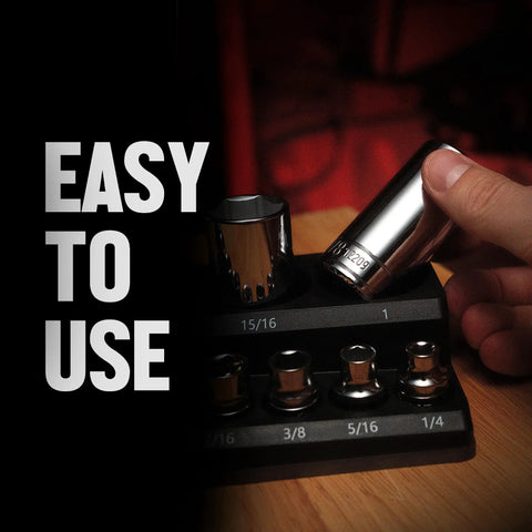 Hand using Magnetic Socket Toolbox Organizer With Ratchet Holder And Three Trays For Half Inch, Three Eighths Inch, One Quarter Inch Drives