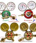 Two Piece Welding Gas Regulator Set For Oxygen CGA-540 And Acetylene CGA-510 With Dual Gauges showing connectors and interfaces