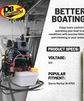 Tilt And Trim Motor Replacement For Mercury Mercruiser Stainless Steel Frame 14336A15 14336A20 12V Aftermarket Unit Built To OEM Specs And Ready To Get You Back On The Water Fast, shown with wiring and label against a boating backdrop.