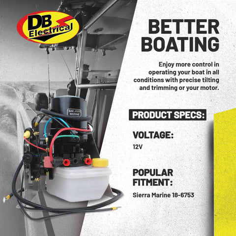 Tilt And Trim Motor Replacement For Mercury Mercruiser Stainless Steel Frame 14336A15 14336A20 12V Aftermarket Unit Built To OEM Specs And Ready To Get You Back On The Water Fast, shown with wiring and label against a boating backdrop.