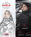 Person wearing silver reflective Mylar emergency blanket under snow, demonstrating all-weather protection; text overlay features safety claims.