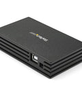 4 Port Compact USB 2.0 Hub With Bus Power Or Included Power Adapter, black rectangular design, shown from top angle
