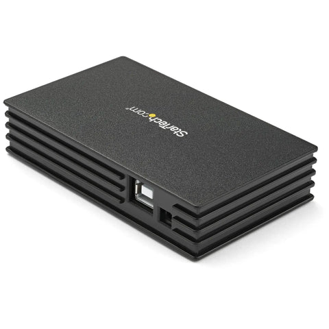 4 Port Compact USB 2.0 Hub With Bus Power Or Included Power Adapter, black rectangular design, shown from top angle