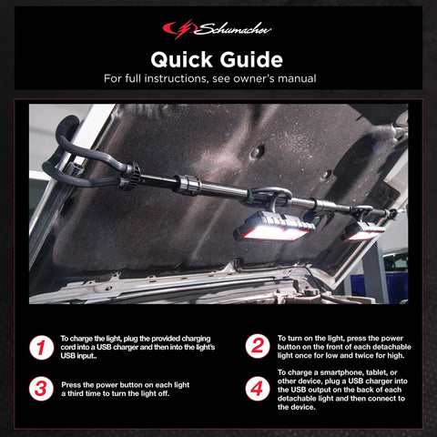 Portable Under The Hood LED Work Light With Dual 1200 Lumen LEDs, Magnetic And Extendable Arm Mounts attached to car hood