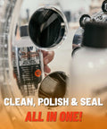 Metal Polish With Long Lasting Sealant Cleaner Polisher Protectant All In One bottle reflected in chrome surface