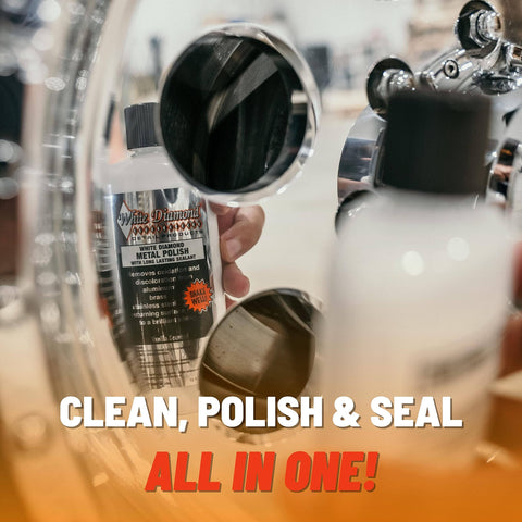 Metal Polish With Long Lasting Sealant Cleaner Polisher Protectant All In One bottle reflected in chrome surface
