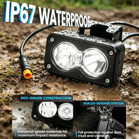 Rock Solid 20W 6500K LED Headlight for Electric Bikes and ATVs, Waterproof Front Light with IP67 protection on wet ground