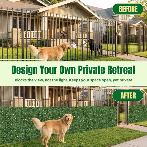 Before-and-after of metal fence transformed with Artificial Ivy Privacy Fence Screen 120 By 40 Inches Looks Realistic Green Wall