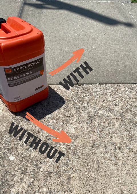 Tough As Nails Penetrating Concrete Sealer For Driveways And Retaining Walls Breathable Moisture Shield displayed next to untreated concrete.