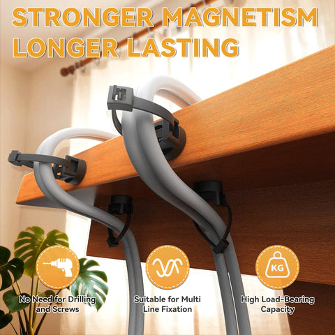 Magnetic Zip Tie Mount Base Set With 110 Pieces 26Lb Strong Hold fixating cables under a wooden shelf in a bright room