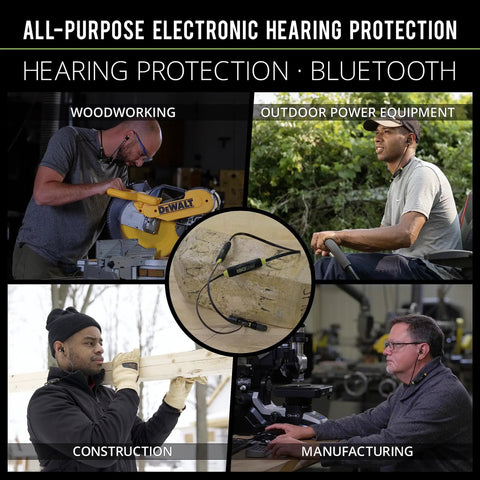 Workers in various settings wearing Xtra Two Point Zero Bluetooth Earplug Earbuds With 27 Decibels NRR Noise Isolation Hearing Protection.