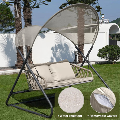 Two-Seat Outdoor Porch Swing With Canopy, Hanging Glider Bench With Thick Cushions, Rustproof Metal Frame, beige patio hammock