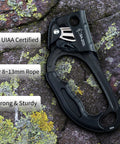 UIAA and CE Certified Hand Ascender for 8 to 13mm Rope Left Hand Black Pro Grade Climbing Gear on rocky surface with labels