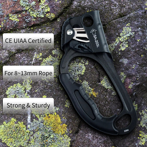 UIAA and CE Certified Hand Ascender for 8 to 13mm Rope Left Hand Black Pro Grade Climbing Gear on rocky surface with labels