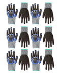 12 gloves arranged in a grid; 6 pairs of 18G GoldSilk and Sandy Nitrile Impact Protection Work Gloves With Back of Hand Protection Blue and Black Size M.