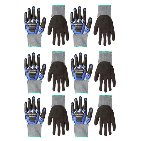 12 gloves arranged in a grid; 6 pairs of 18G GoldSilk and Sandy Nitrile Impact Protection Work Gloves With Back of Hand Protection Blue and Black Size M.