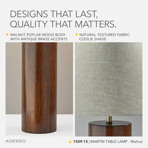 Walnut Wood Base Table Lamp With Beige Fabric Shade And Antique Brass Accents, close-up of base and shade.