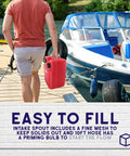 Person carrying Portable 6 Gallon Boat Fuel Tank Kit For Outboard Engines With Easy Fill Hose Durable Plastic Marine Gas Tank