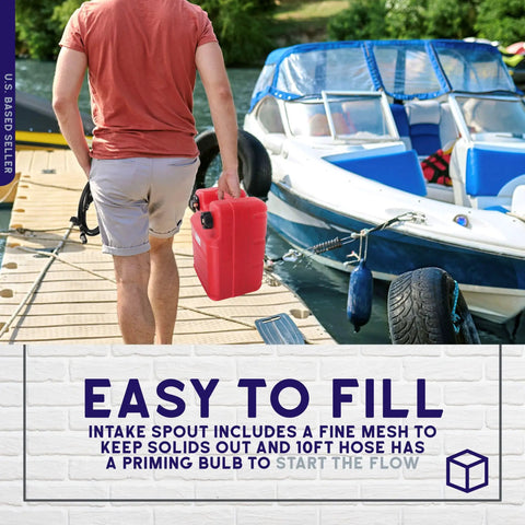 Person carrying Portable 6 Gallon Boat Fuel Tank Kit For Outboard Engines With Easy Fill Hose Durable Plastic Marine Gas Tank